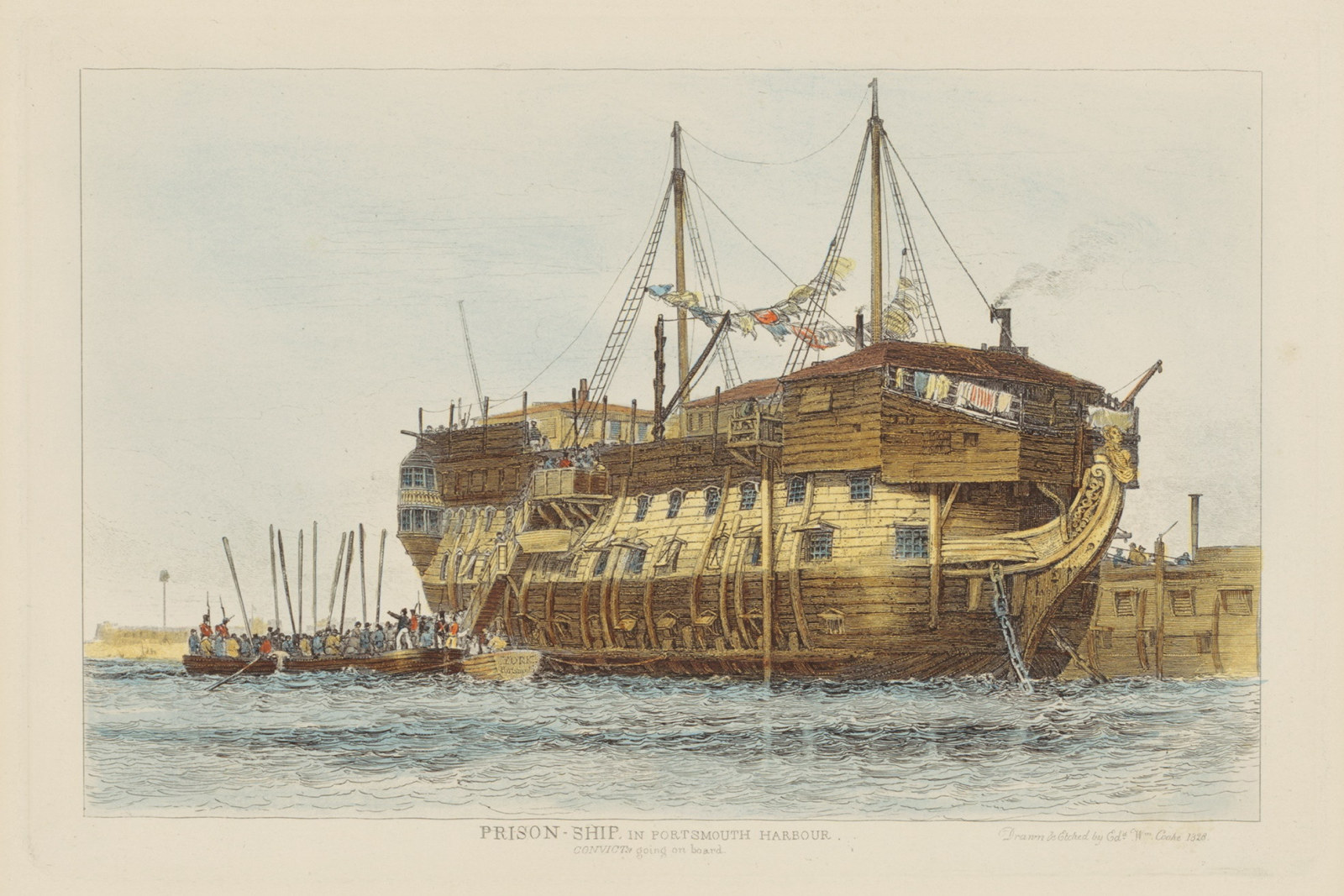 A painting of a prison ship in Portsmouth Harbour loading prisoners.