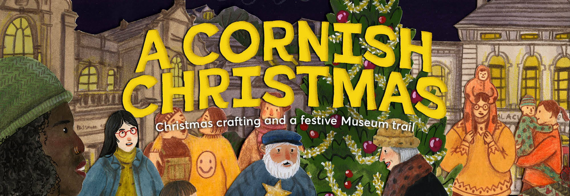 An illustration with a group of people around a Christmas tree with the title A Cornish Christmas at the top.