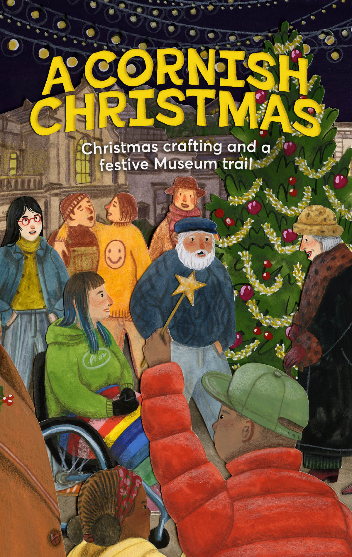 An illustration with a group of people around a Christmas tree with the title A Cornish Christmas at the top.