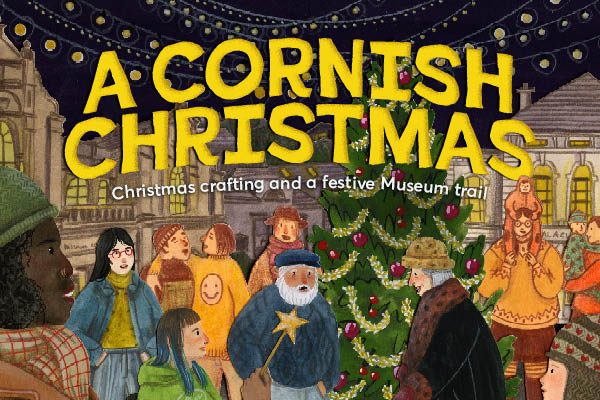 An illustration with a group of people around a Christmas tree with the title A Cornish Christmas at the top.