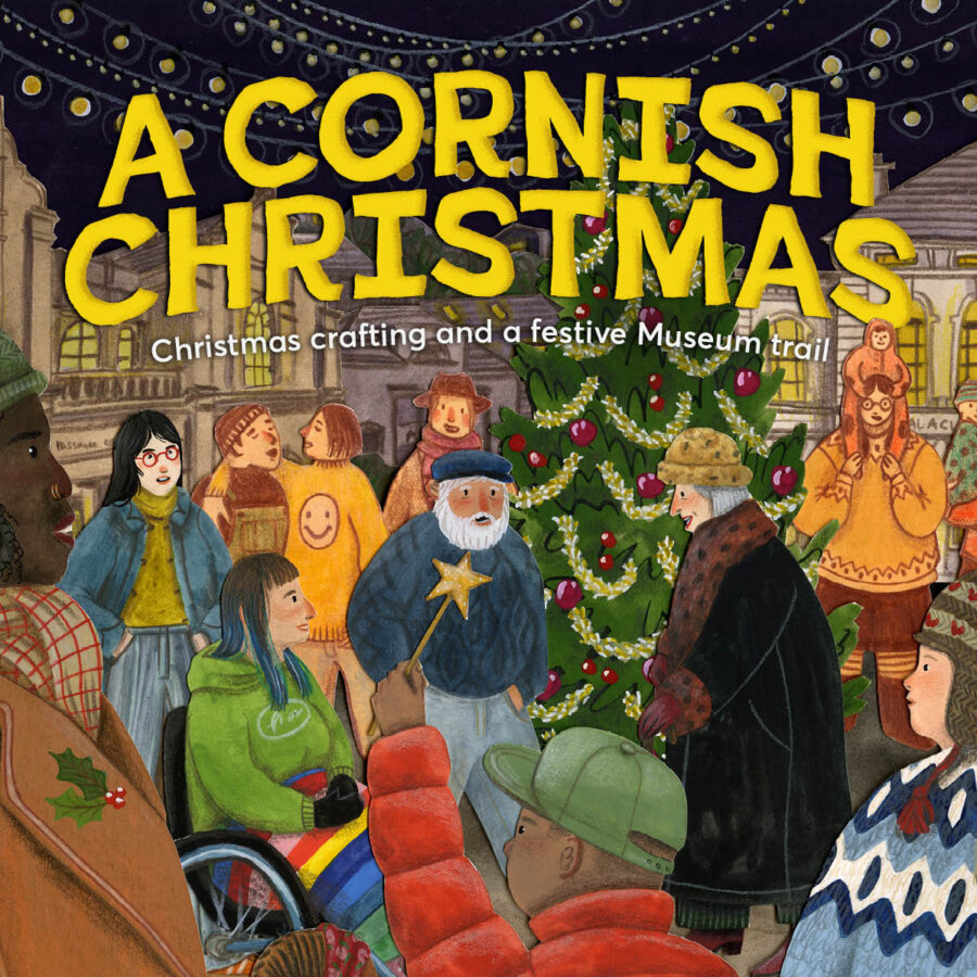 An illustration with a group of people around a Christmas tree with the title A Cornish Christmas at the top.