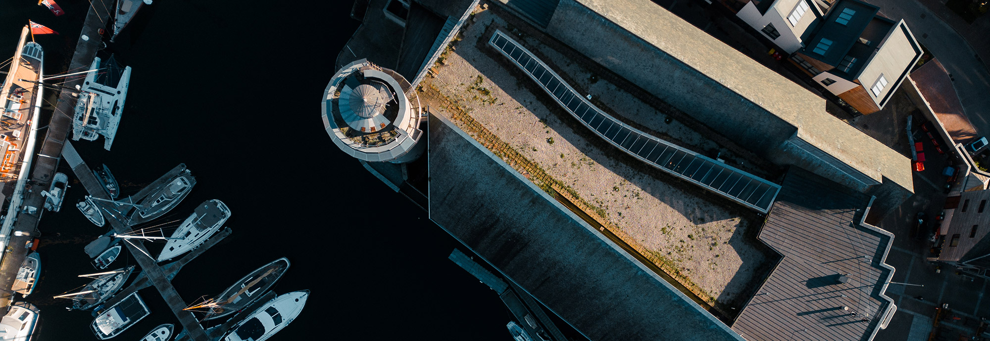 A birds eye view of National Maritime Museum Cornwall's roof.