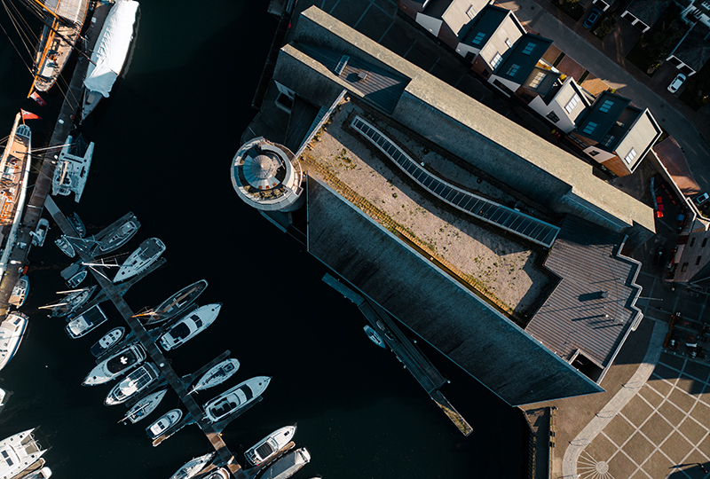 A birds eye view of National Maritime Museum Cornwall's roof.