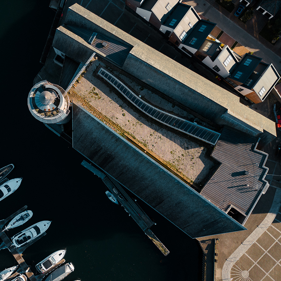 A birds eye view of National Maritime Museum Cornwall's roof.