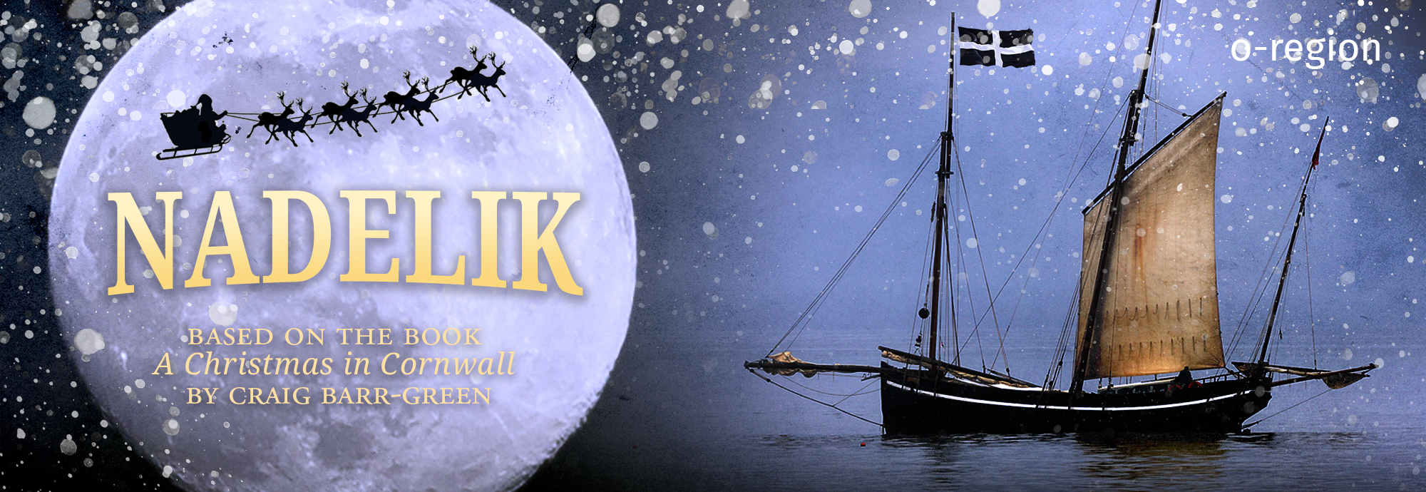 An image of a sailing boat at sea in front of a large moon with Father Christmas being pulled by reindeer in the sky.