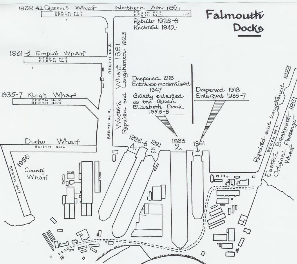 A hand-drawn illustrated plan of Falmouth Docks with written labelling.