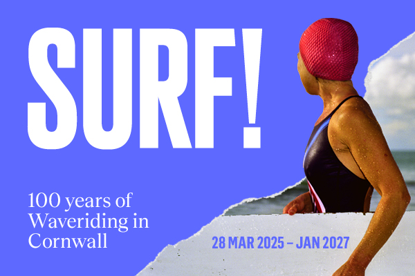 A graphic poster that has the exhibition title SURF! in big,bold capital letters with an image of a woman holding a board under her arm while looking out to sea.