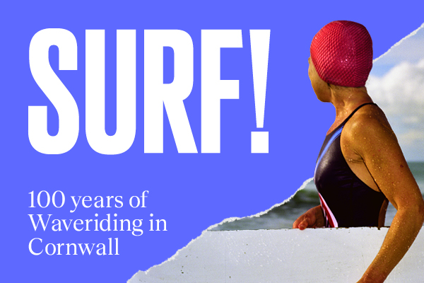 A graphic poster that has the exhibition title SURF! in big,bold capital letters with an image of a woman holding a board under her arm while looking out to sea.