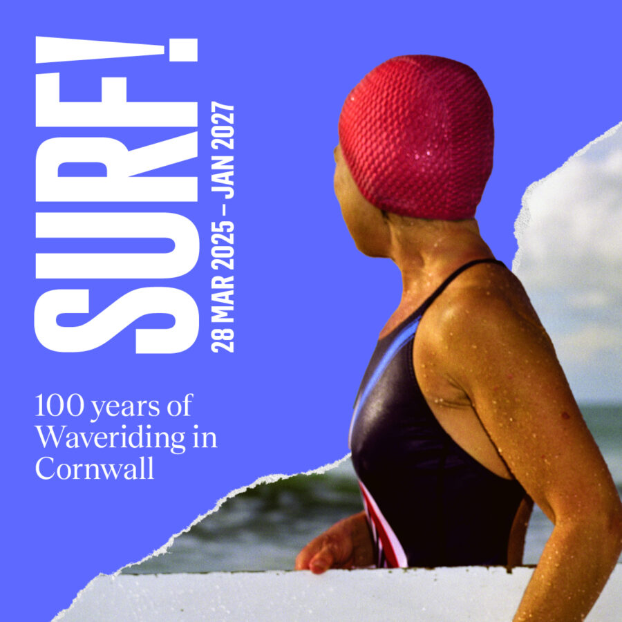 A graphic poster that has the exhibition title SURF! in big,bold capital letters with an image of a woman holding a board under her arm while looking out to sea.