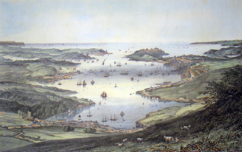 A painting showing the view of Fal river, from an elevated position showing land on either side, with the harbour filled with sailing ships.