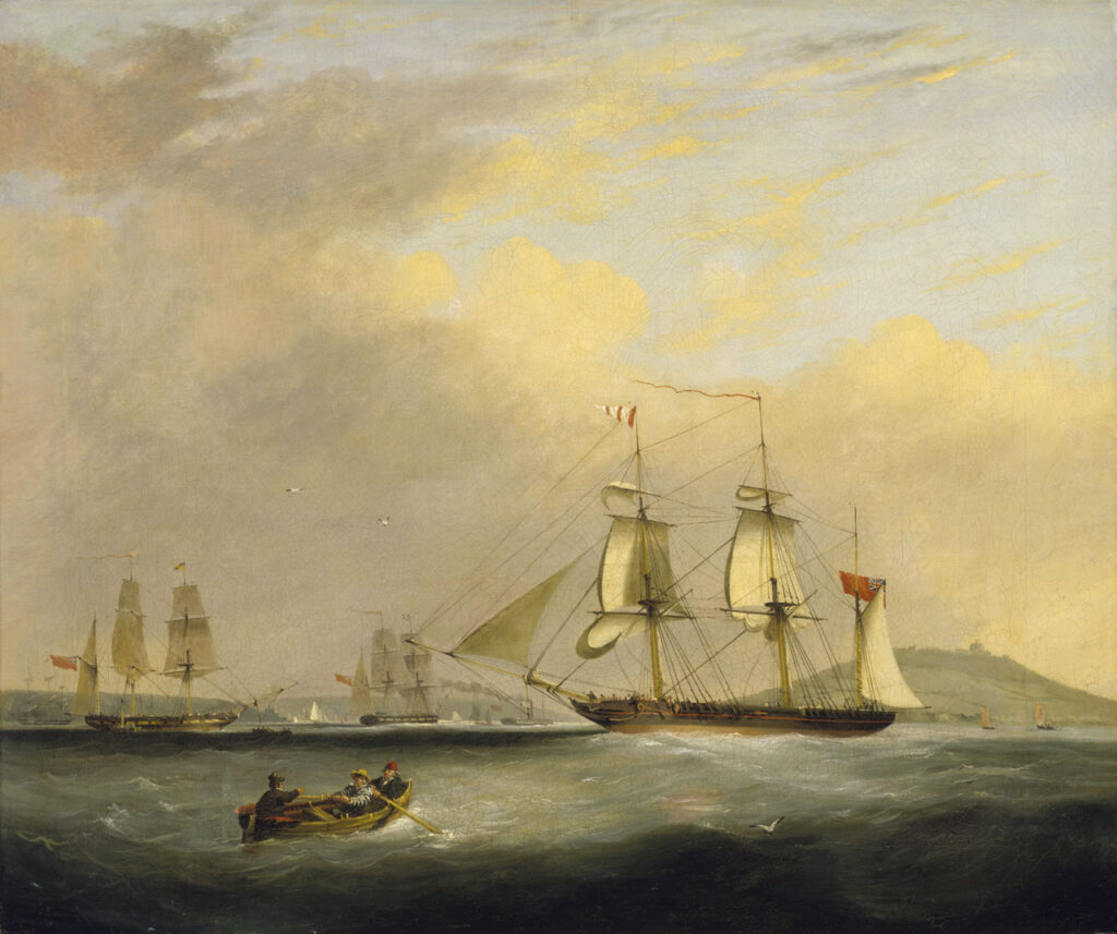 A 19th century painting of a sailing ship entering a harbour.