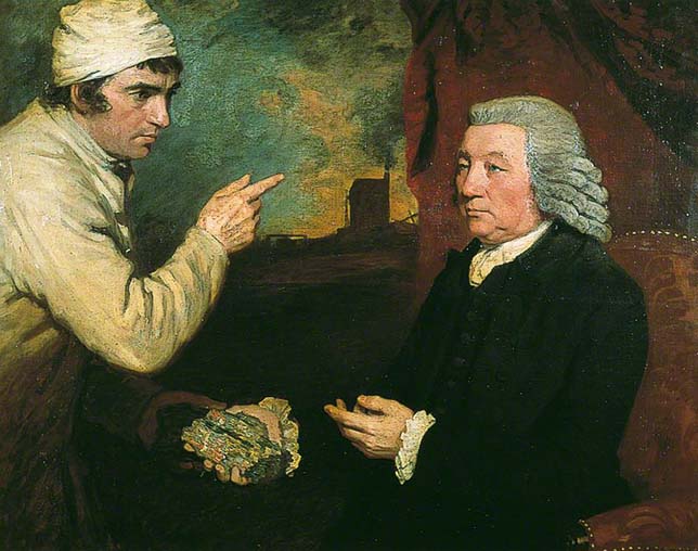 A painting of a Gentleman and a Miner. The Miner is pointing his finger toward the face of the gentleman while the gentleman calmly sits facing him. Painted by John Opie (1761-1807) 