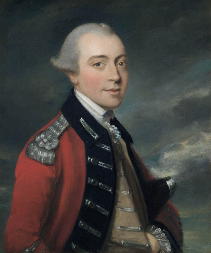 A Portrait painting of a Packet Officer 1750, he is wearing a red military jacket with black lapels. 