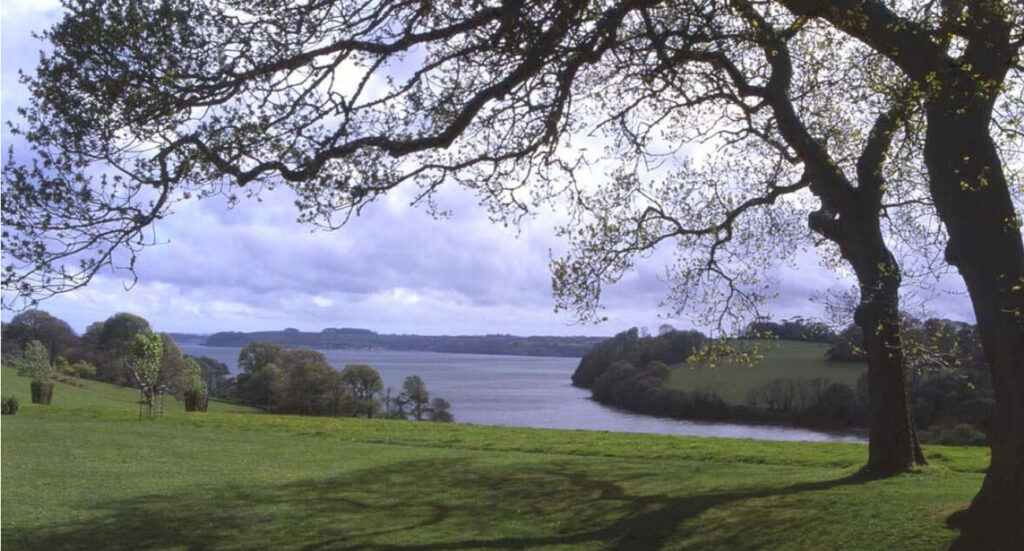 A photograph showing a picturesque view from the grounds of Trelissick House looking down the Fal river towards Falmouth, with rolling green fields and trees at the waters edge. A tree in the foreground frames the view.