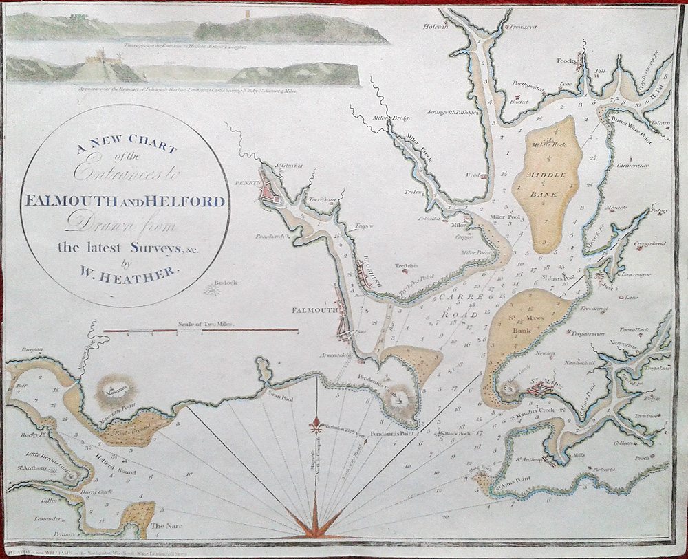 A Chart of Falmouth and Helford 1798 William Heather (1764-1812) Engraver & PublisherFeock is shown on the upper right of the chart at the head of Carrick Roads above Middle Bank 