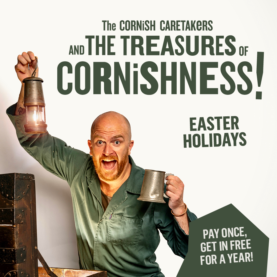A bearded man with a smiling open mount is wearing green overalls and holding a lantern and a mug, standing next to an open treasure chest, promoting Easter holiday activities.