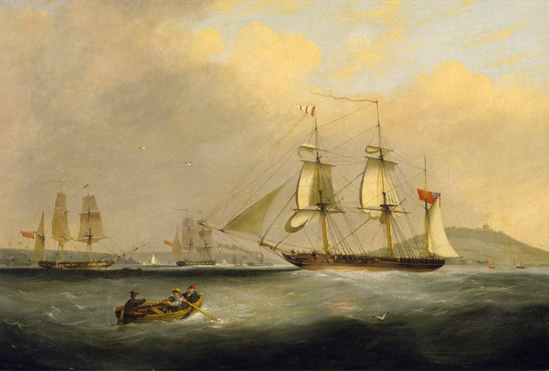 A 19th century painting of a sailing ship entering a harbour.