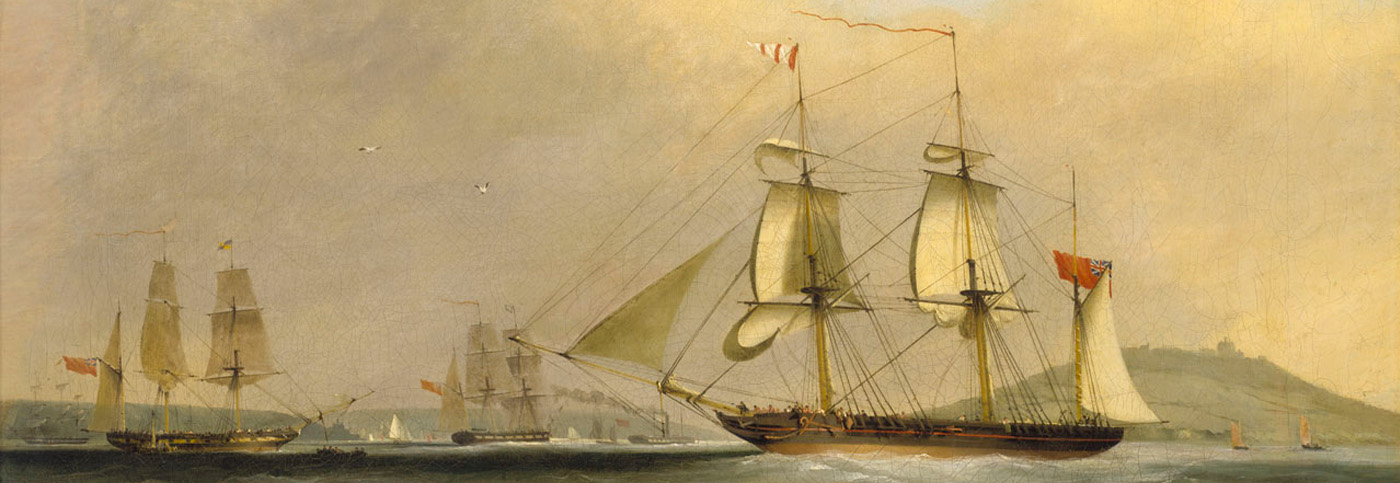 A 19th century painting of a sailing ship entering a harbour.