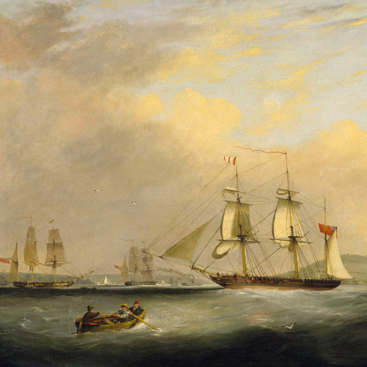 A 19th century painting of a sailing ship entering a harbour.