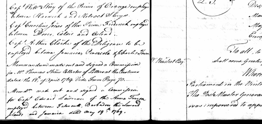 A scan of a page of a book with cursive handwriting. Post Office Commission for Edward Lawrance of the Anna Teresa, Falmouth to the West IndiesUK Postal Service Appointment Books 1737-1969