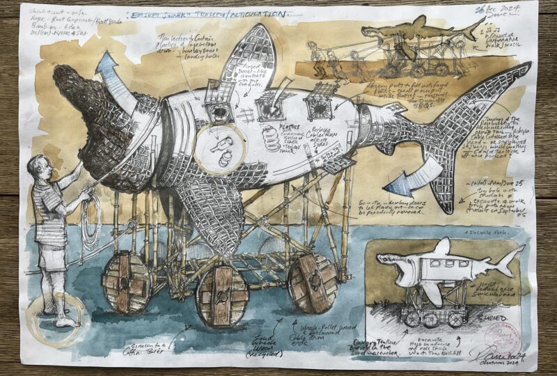 A photograph of a sketch of a sculpture of a shark, made of willow - with annotations, small sketches and notes around the shark.