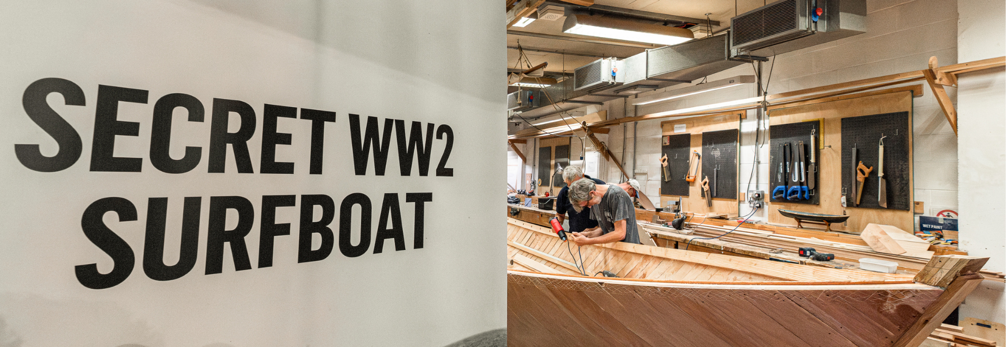 Members of the boatbuilding team working on the Helford SOE boat replica build in the boatbuilding workshop at National Maritime Museum Cornwall.