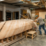 A member of the boatbuilding team working on the Helford SOE Replica Surfboat build while the boat is upturned in the workshop.