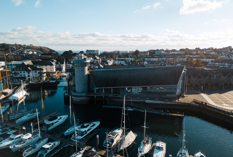 An aerial photograph of National Maritime Museum Cornwall in Falmouth Harbour