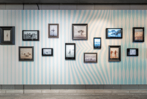 Framed photographs on the wall of the Surfing Memories Exhibition at National Maritime Museum Cornwall
