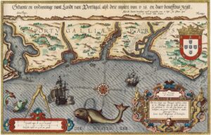 An illustrated map of the coast of Portugal, with sea creatures and ships depicted.