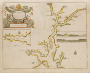 An illustrated map of Falmouth's waterways, with a decorative crest title illustration that reads 'Falmouth'
