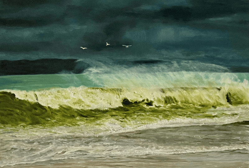 A painted seascape with wave breaking and seagulls flying above