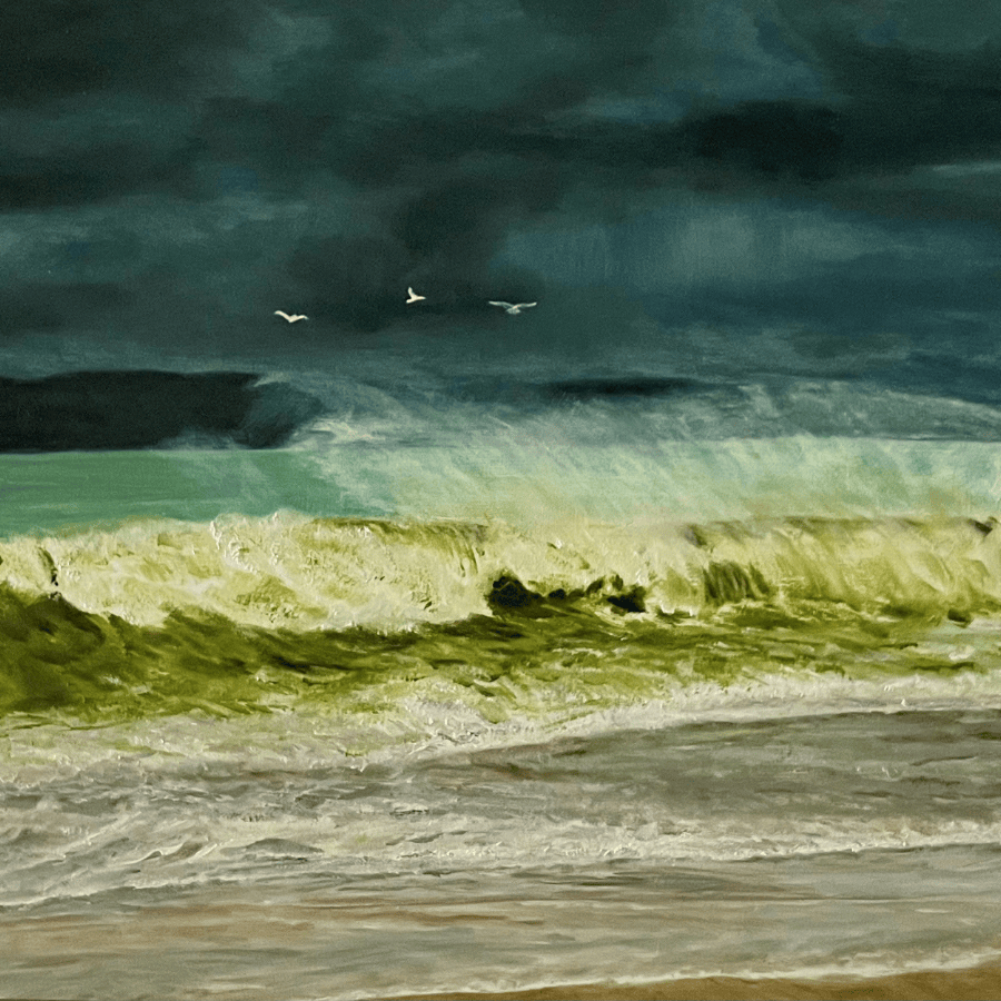 A painted seascape with wave breaking and seagulls flying above