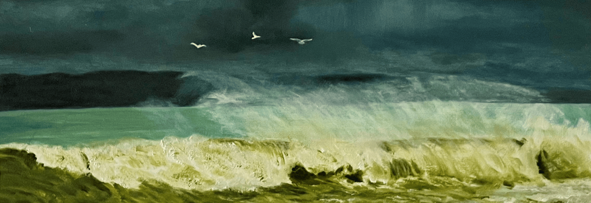 A painted seascape with wave breaking and seagulls flying above