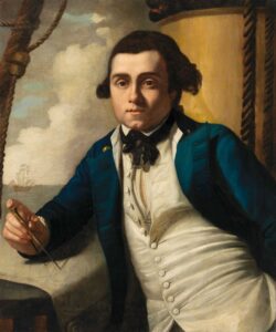 A painted portrait of Master William Blight posed holding navigational tools on board a ship.