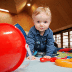 A smiling toddler crawls across the floor surrounded by colourful toys and games at National Maritime Museum