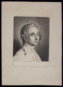 A three-quarter head-and-shoulders portrait of Captain Cook, aged about 30. There is full detail in the face and hair, and the end of a ribbon trails over his right shoulder. His jacket and neck tie are more in the form of a sketch. He appears to look almost past the viewer, to his right