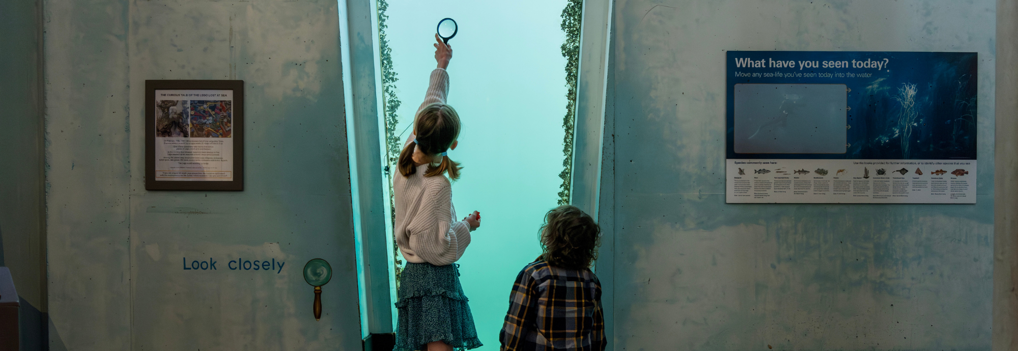 Two children look through an underwater window in the Tidal Zone at National Maritime Museum Cornwall, the taller child holds a magnifying glass up to the window.
