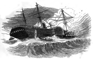 Black and white illustration of the ship Amazon On Fire