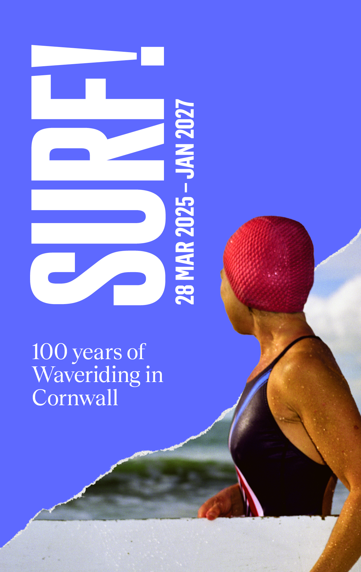 A graphic poster that has the exhibition title SURF! in big, bold capital letters with an image of a woman holding a board under her arm while looking out to sea.