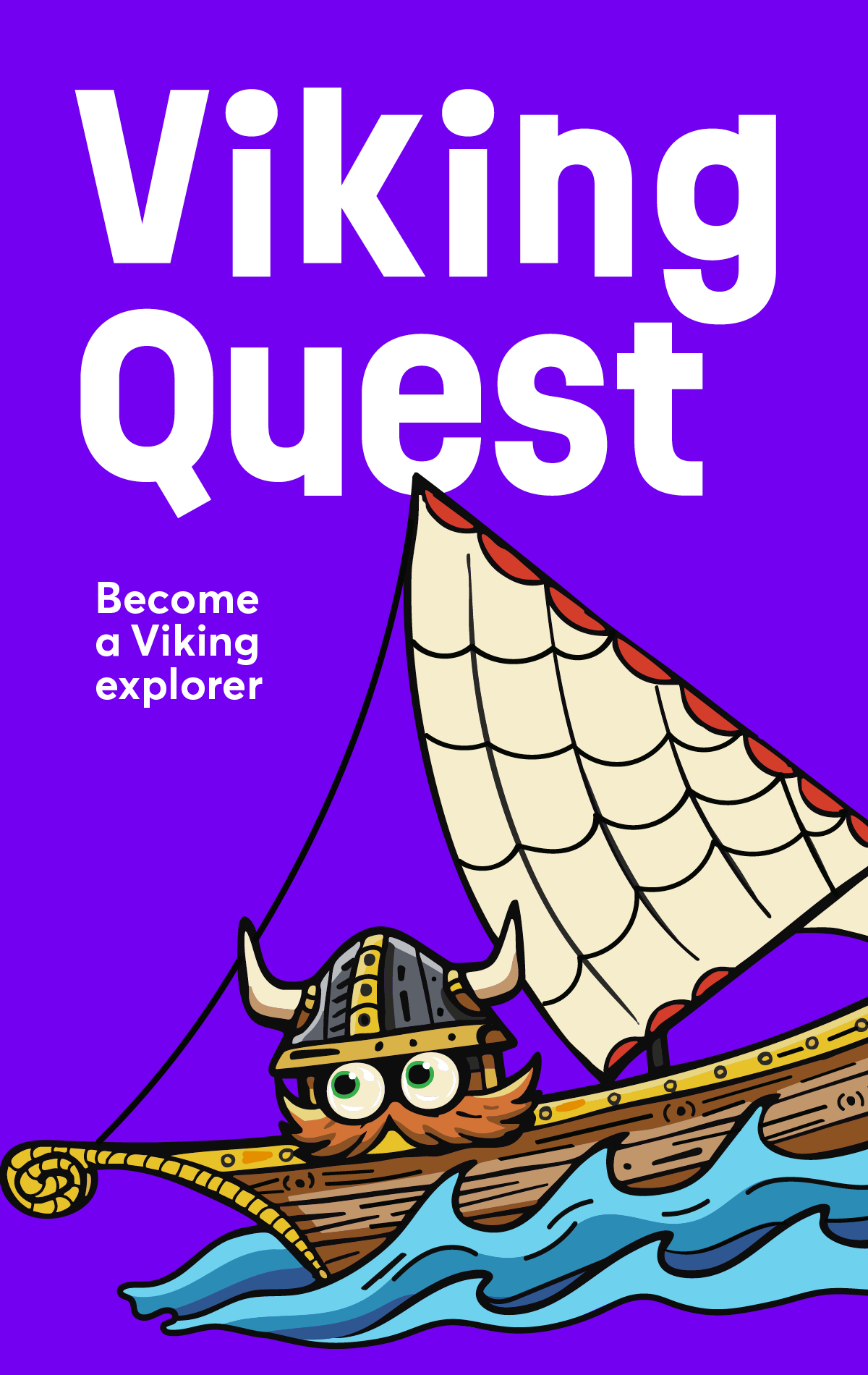 A purple poster for Easter holidays with white text that reads 'Viking Quest - Become a Viking explorer' with a bearded Viking character sailing in a boat.