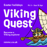 A purple poster for Easter holidays with white text that reads 'Viking Quest - Become a Viking explorer' with a bearded Viking character sailing in a boat.