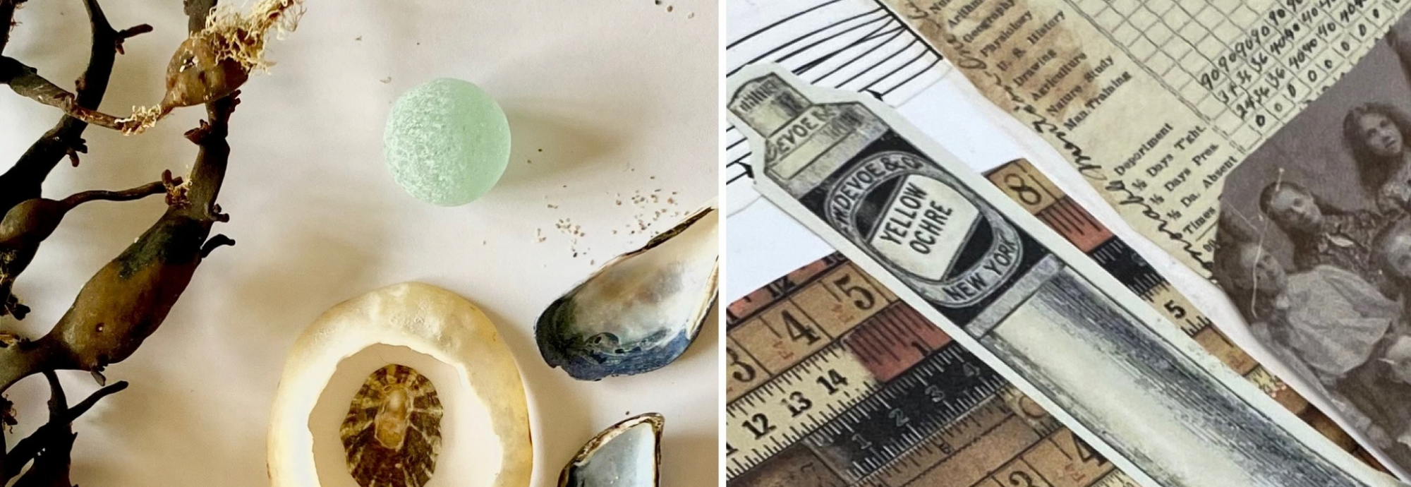 A collage of art, text and beachcombed inspiration by artist Vicki Aimers.