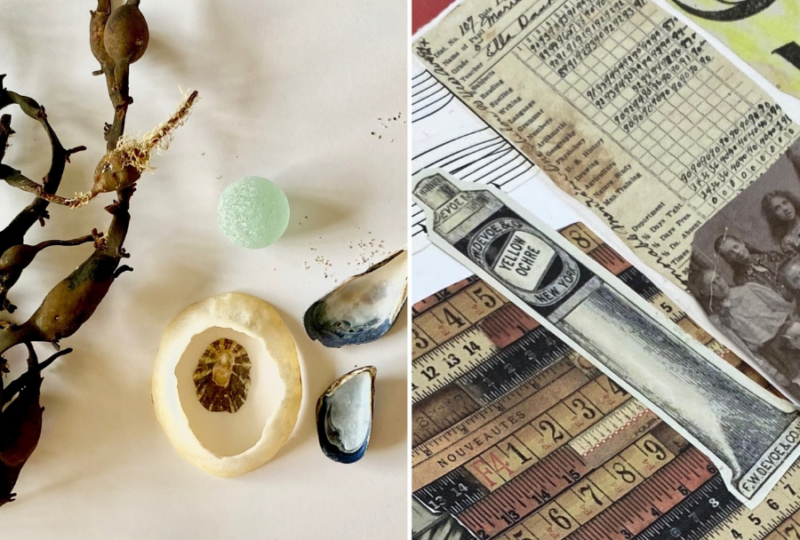A collage of art, text and beachcombed inspiration by artist Vicki Aimers.