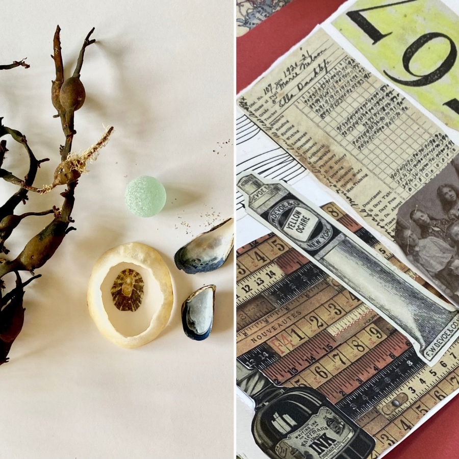 A collage of art, text and beachcombed inspiration by artist Vicki Aimers.